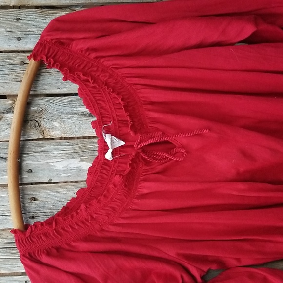 Hot Red Sauci Plus 2X Peasant Boho Smocked Waist Cuffs Blouse - Picture 2 of 7